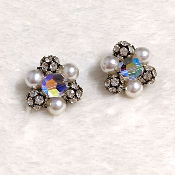 Jewelry - Vintage 60's Rhinestone & Faux Pearl Clip Earrings